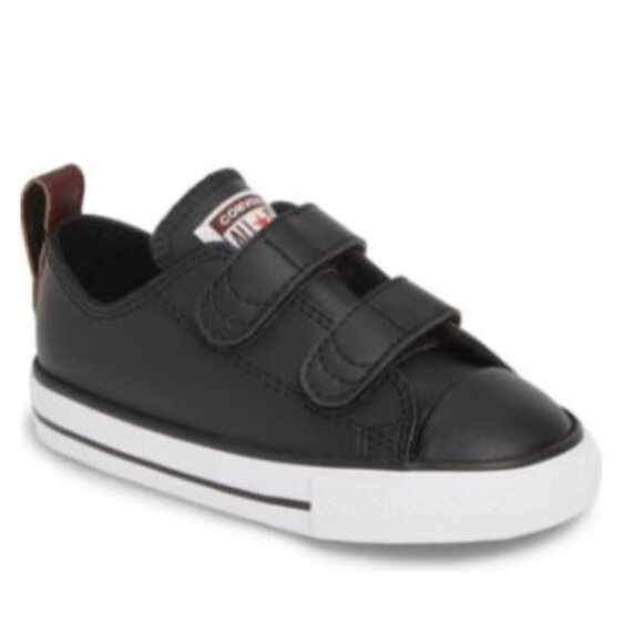 Converse Toddler Unisex Sneakers Black Leather Velcro - Picture 1 of 8